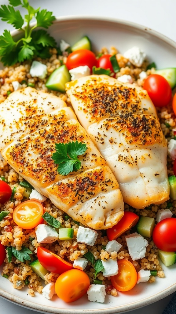Herb-crusted tilapia on colorful Mediterranean quinoa salad with tomatoes and feta.